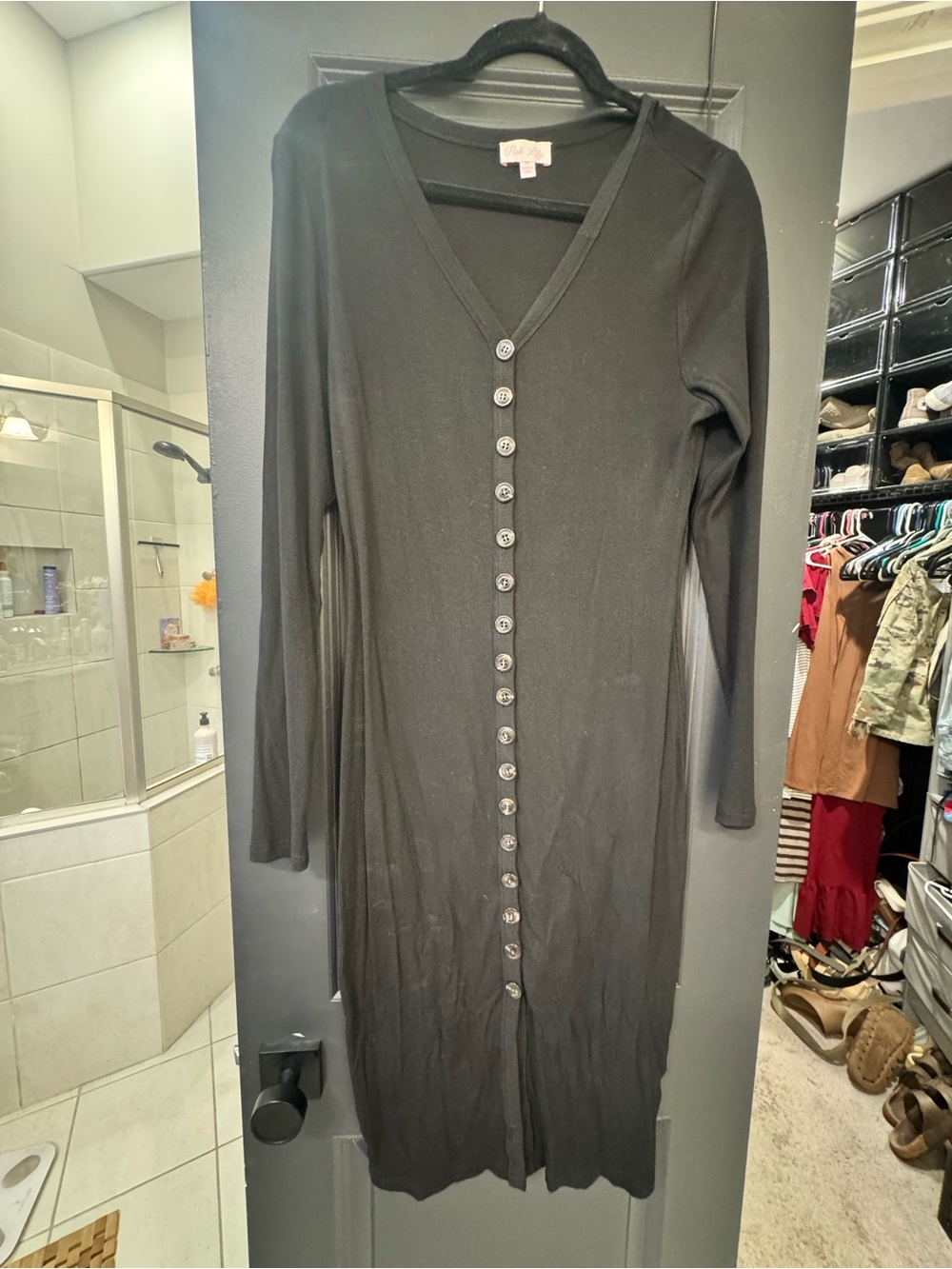 Pink Lily Black Long Sleeve Button-Front Maxi Dress